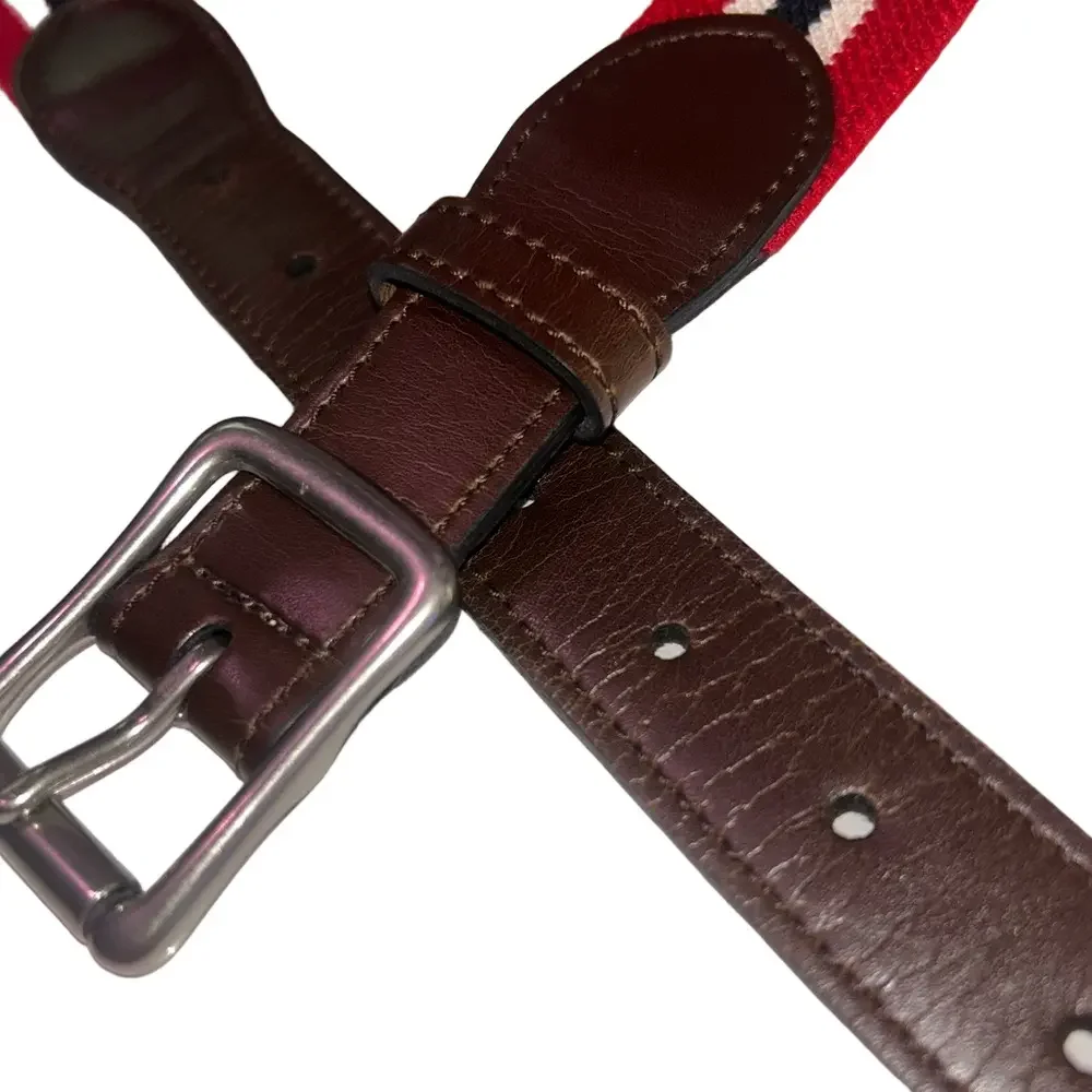 Genuine Leather Belt Silver Buckle Canvas Red White Blue Stretch Unisex Large